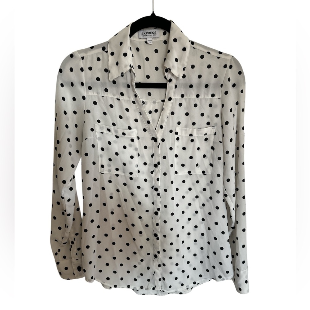Express Women's Button Down Shirt with Black Polka Dots